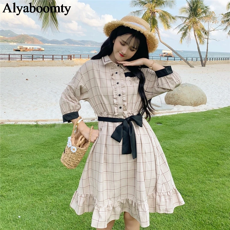 

New Arrival Autumn Spring Women Lolita Dress Turn-Down Collar Plaid Loose Sashes Vestidos 3/4 Sleeve Ruffles Elegant Party Dress