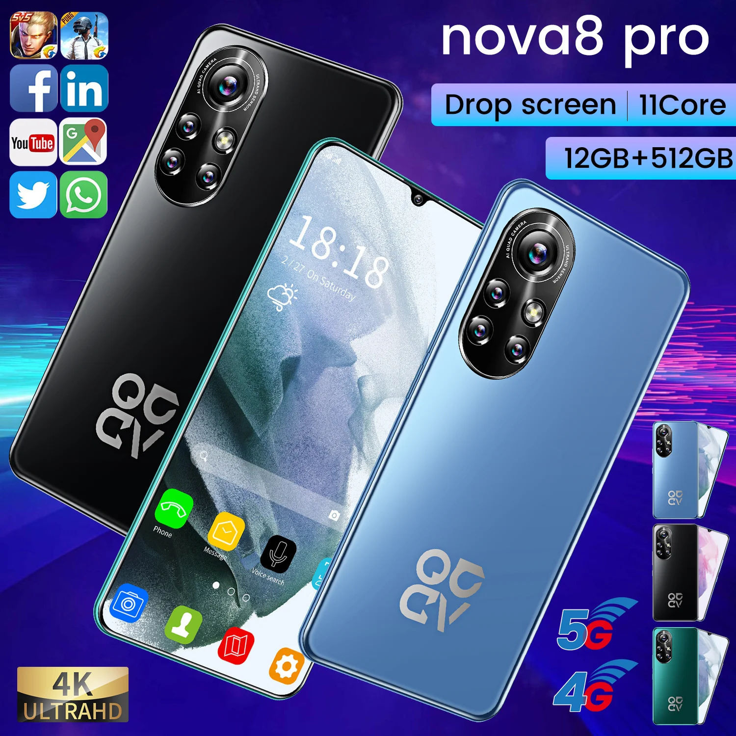 

Global Version Nova8 Pro 2021 New Smartphone 6.8inch 12GB+512GD Camera Resolution 24MP+48MP 6500mAh 5G Network Mobile Phone