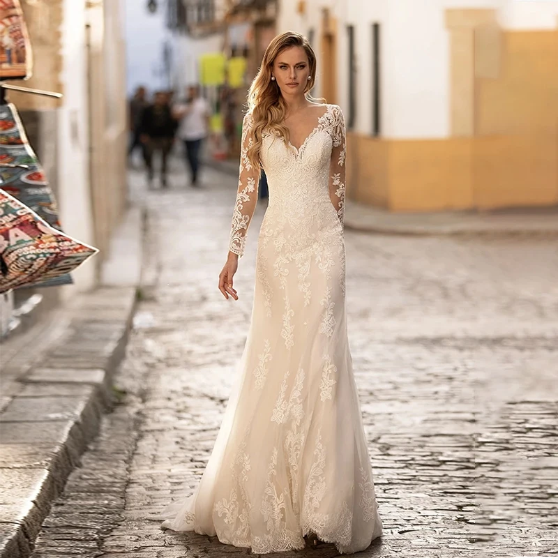 

YiXuan Elegant Backless Appliqued Mermaid Lace Long Shoulder V-neck Sample Weeding Dress 2021Formal Occasion Vestido De Novia