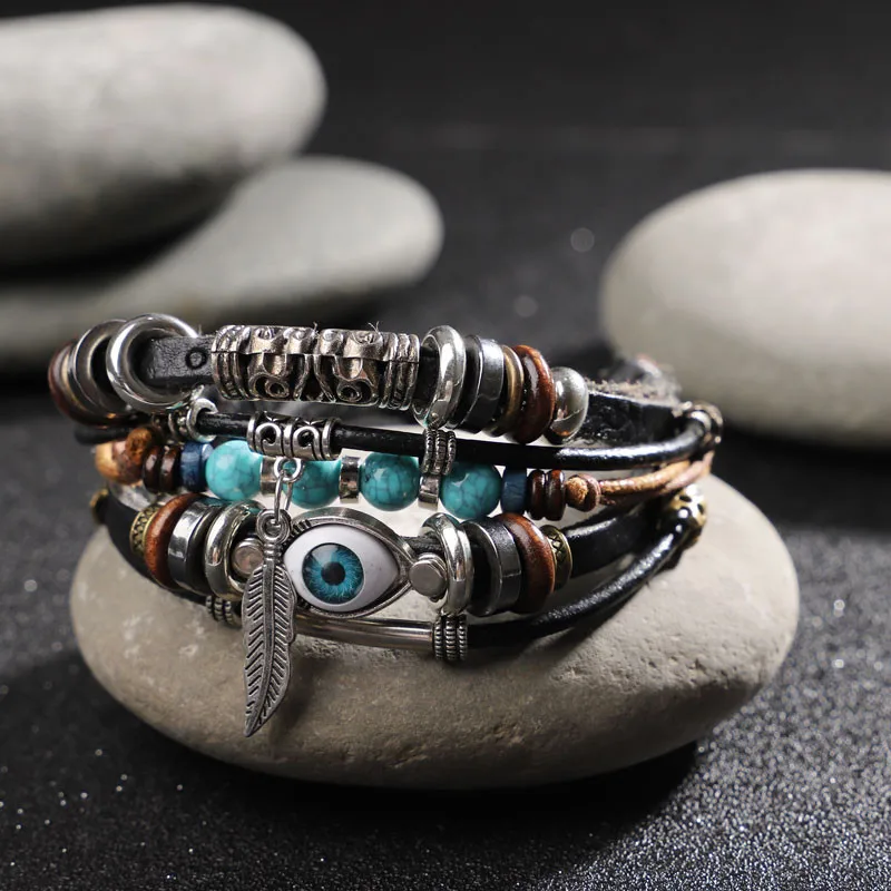 Многослойный кожаный браслет для мужчин и женщин винтажное ювелирное изделие с