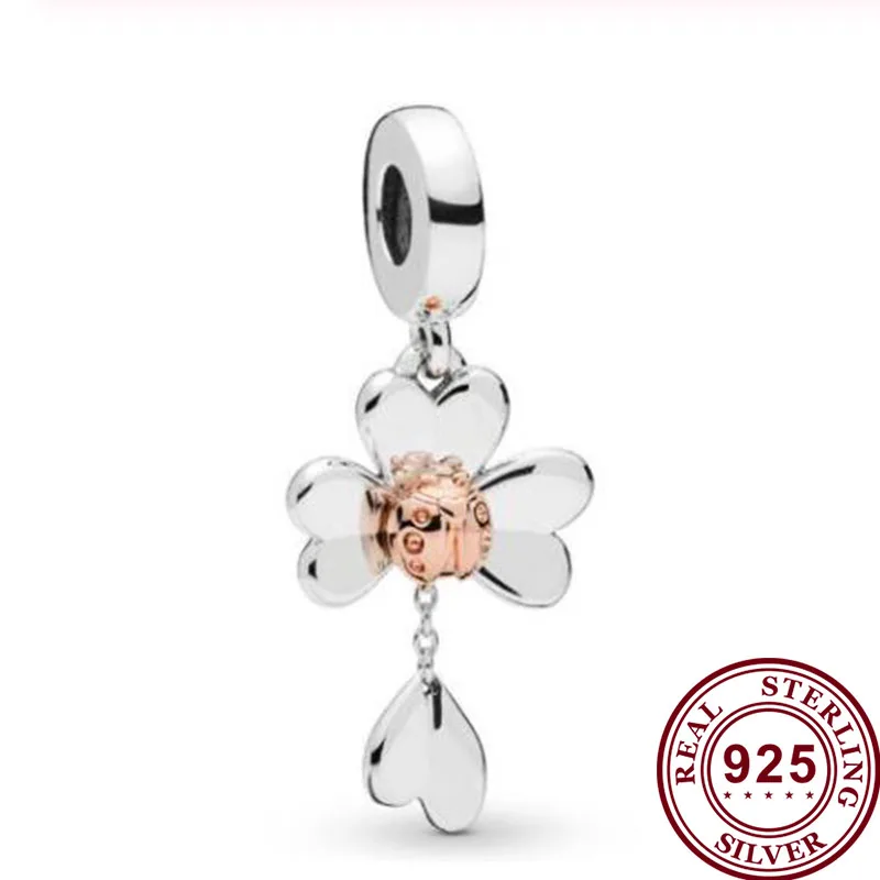 

100% 925 Sterling Silver Charm Golden Clover And Ladybug Pendant Fit Pandora Women Bracelet & Necklace Diy Jewelry