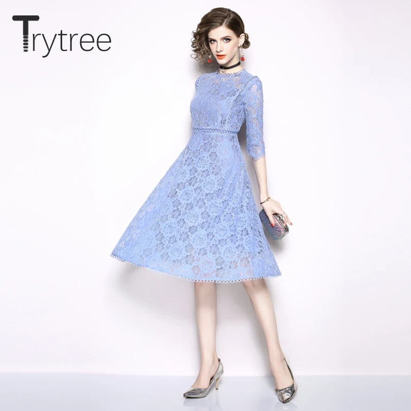 Платье-трапеция женское кружевное однотонное с круглым вырезом лето-осень |