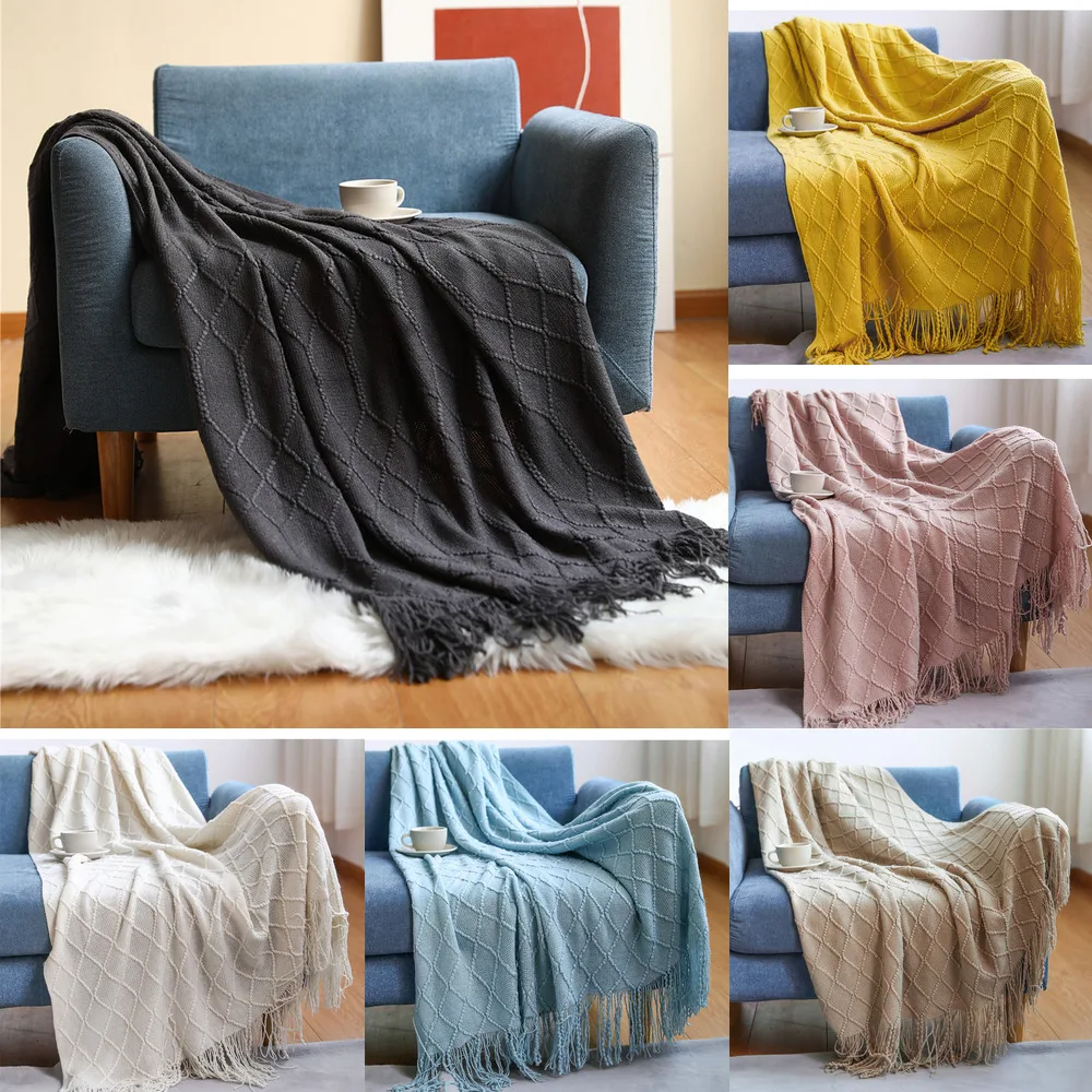 

Nordic Knitted Throw Blanket With Tassels Solid Plaid Sofa Travel Blanket TV Nap Bedspread Winter Warm Soft Blankets for Beds