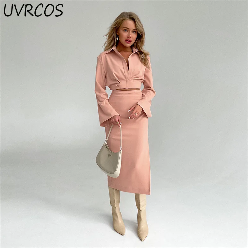 

Осенняя уличная одежда, розовый повседневный комплект из 2 предметов, однотонное платье, Женский Топ с длинным рукавом 2021 и длинная юбка с Бо...