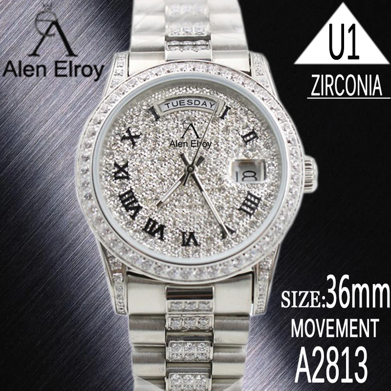 

Silver Iced out watch men&women luxury automatic Roman numerals Sapphire glass Sweeping watches AAA+