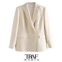 traf za women fashion office wear double breasted blazer coat vintage long sleeve pockets female outerwear chic tops