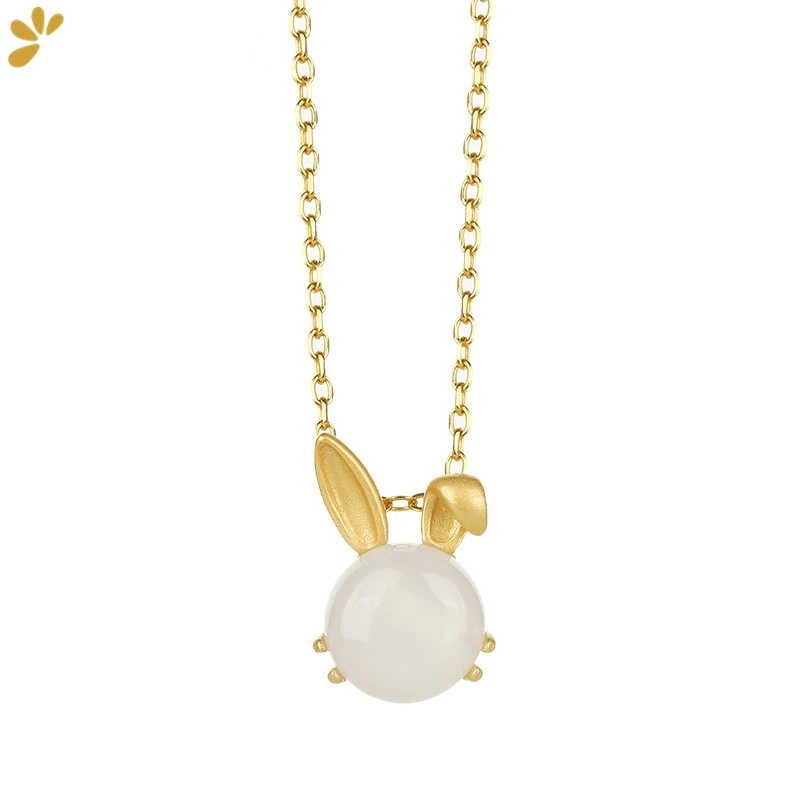

White Hetian Jade Rabbit Pendant Necklace 925 Sterling Silver Gold Plated Fine Jewelry Women Cute Necklaces Trendy Party Gift