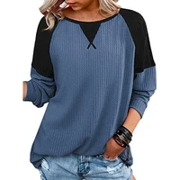 2021 ladies autumn solid color stitching long sleeve t shirt womens casual loose o neck fashion shirt top retro pullover