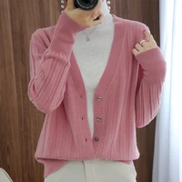 2021 autumn and winter new 100 pure wool cardigan womens big v neck pit strip solid color bottoming shirt all match loose top