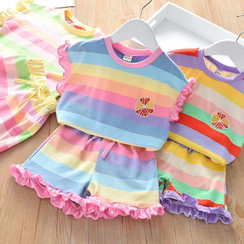 

Girls Clothes Summer Casual Suit Rainbow Stripe Petal Sleeve Cotton T-shirt+Shorts 2 PCS Set Kids Clothing Children Outfit 2-7Y