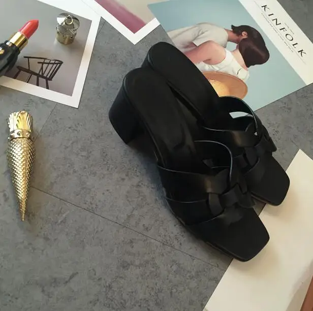 

luxury designer sandals real Leather shoes Women Cross Tied slippers women fashion Slides Thick High Heels Square Toe