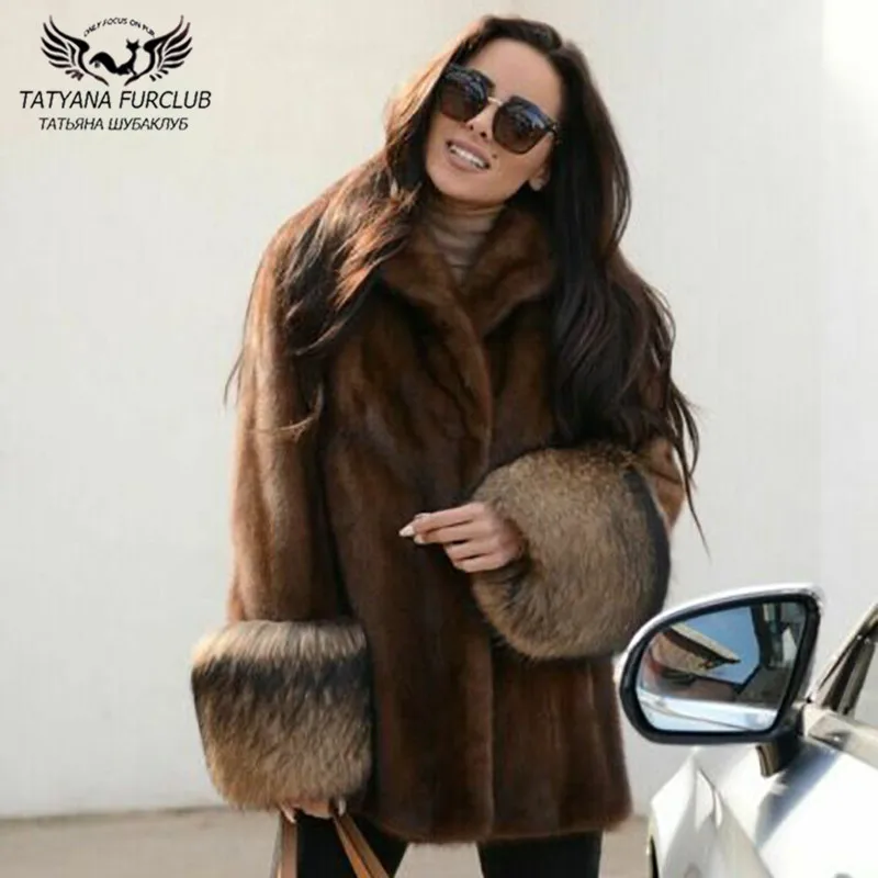Женская шуба из натурального меха норки зимняя Роскошная Шуба цельного с манжетами енота|Шубы и дубленки| |