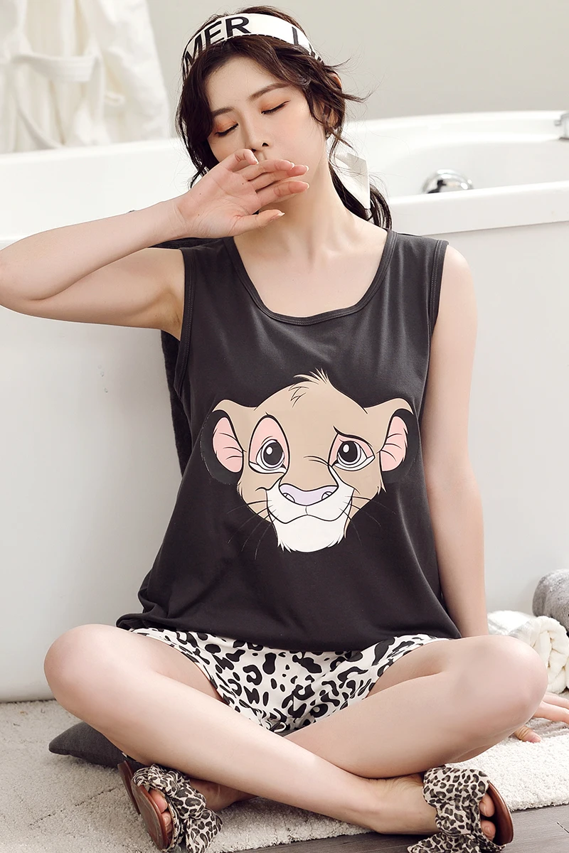 Summer Cotton Pajamas Women's Sleeveless Top and Shorts Lion King Simba Leopard Kawaii Cartoon Loose Home Suit Pajama Sets Women
