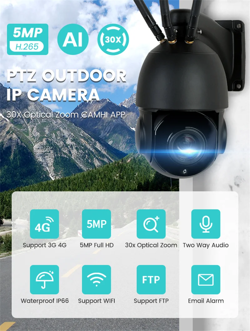 

Outdoor IP Camera 5MP 4G Sim Card WIFI AI Auto Tracking 30X Zoom Wireless PTZ Speed Dome CCTV Camera Two Way Audio IR 80m Camhi
