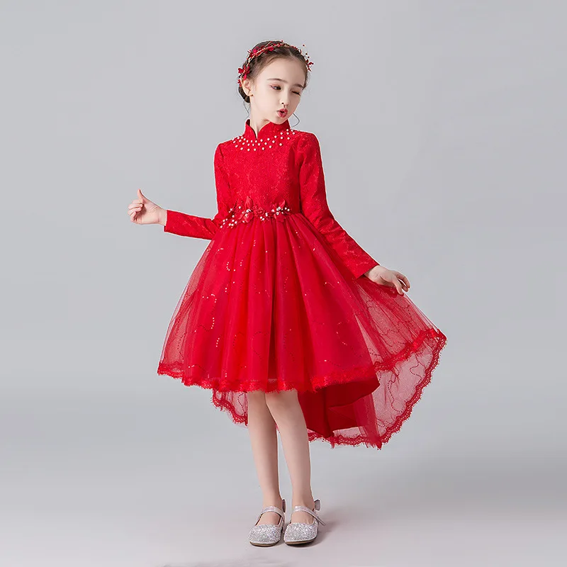

Girl Tail Ball Gown Flower Girl Dresses With Long Sleeves Red Kids Communion Dresses Lace Pageant Dresses Kids New Year Dress