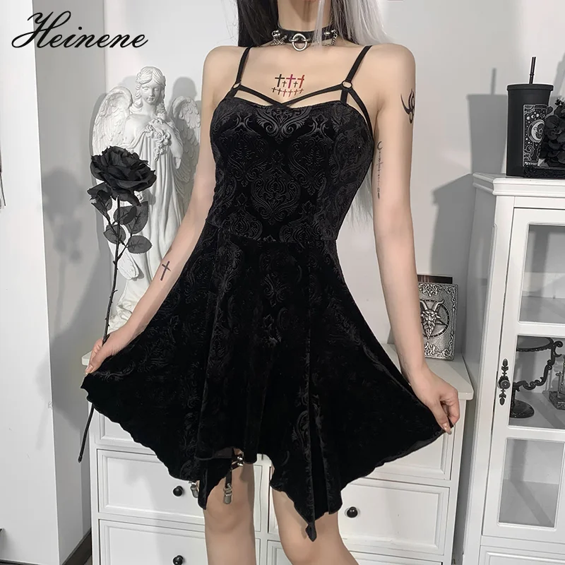 

Heinene Gothic Vintage Floral Pattern Black Dress Aesthetic Sleeveless Backless High Waist Mini Dresses Elegant Womens Partywear