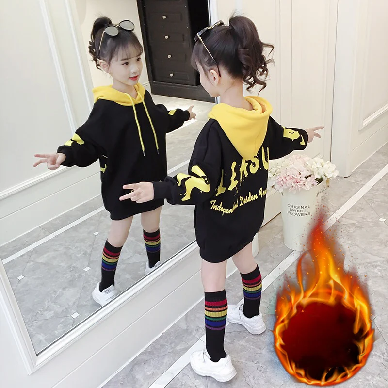 

Girls' Hoodies Sweatshirts Kids Outwear 2021 Simple Velvet Thicken Warm Winter Autumn Cotton Fleece Plus Size Children's Clothin