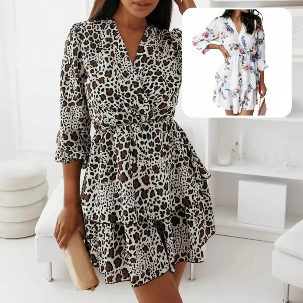

Women's Dress Breathable Double-layer Hem V Neck Floral Women Layered Hem dresses for women 2021