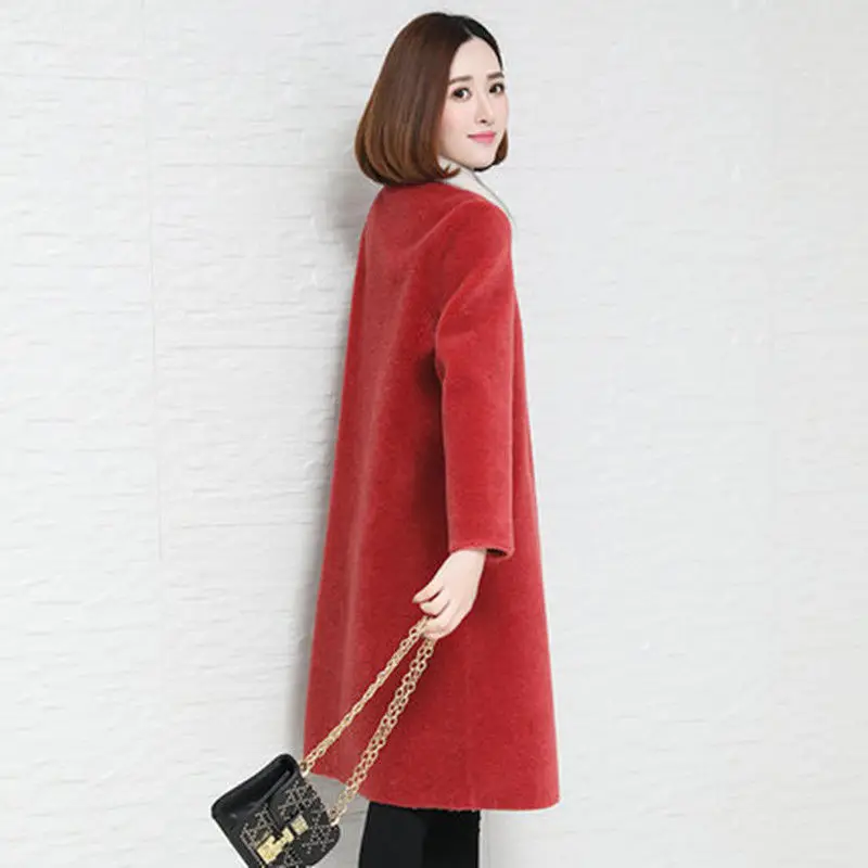 

Теплое осенне-зимнее шерстяное пальто, женское элегантное средней длины, новая популярная женская верхняя одежда, плотное пальто, флисовая ...