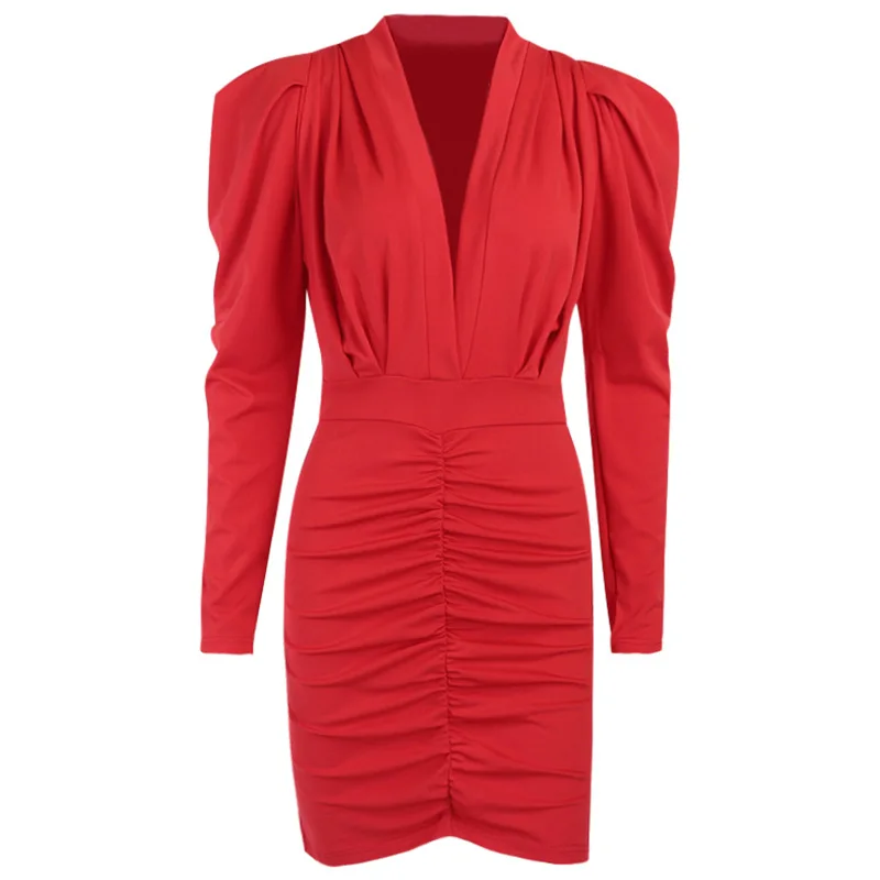 

Spring Women Pencil Dress Fold Long Sleeve Package Hip Dress Deep V Temperament Stitching Solid Color Dress