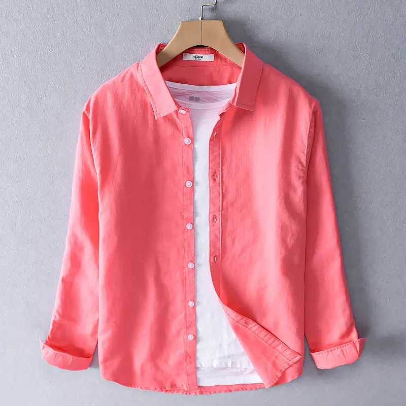 

Summer Red Linen Shirt Boys Youth Kpop Linen Shirt Mens Cute Cotton Long Sleeve Top Button Up Loose Oversized Shirt Men 4xl