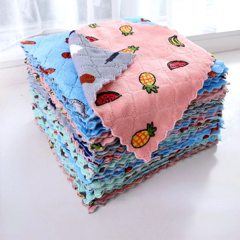 

1/3/5 Pcs Double-sided Two-color Printed Coral Fleece Wipes Non-greasy Lazy Rag Dish Towel Household Polyester Scouring Pad