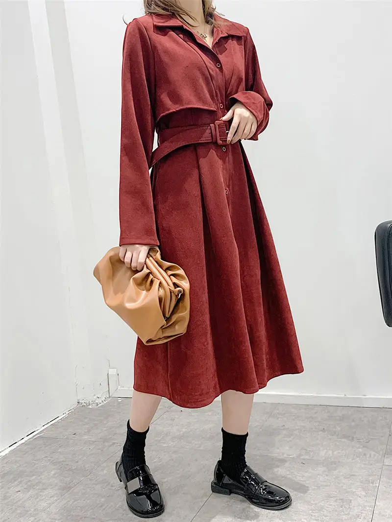 Ретро ветровка женские платья средней длины весна осень длинный рукав корейский