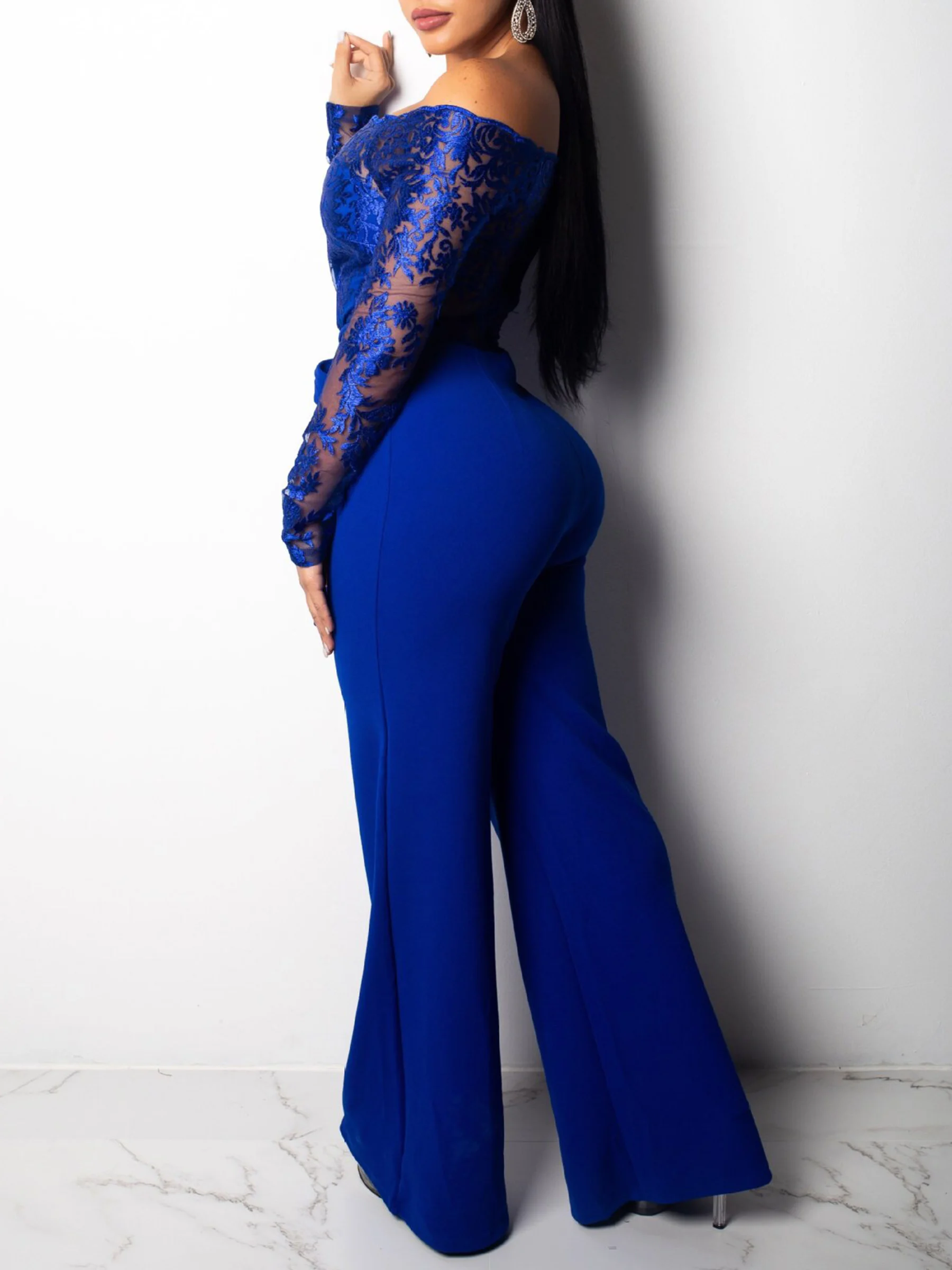 

Blue Elegant Off Shoulder Floral Lace Jumpsuit Evening Dress Long Sleeves Sheath Wedding Party Formal Evening Dresses