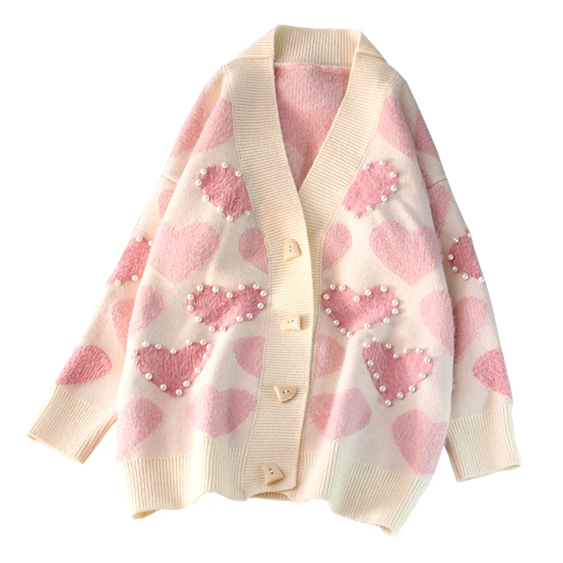 

Hsa Женская Повседневная Весенняя трикотажная куртка и пальто с v-образным вырезом на пуговицах с бисером свитера с v-образным вырезом сладко...