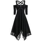 Готическое женское платье, черное готическое платье с открытыми плечами, кружевное лоскутное платье в стиле панк-рок, пикантное винтажное платье средней длины с перекрестными бретельками, размера плюс