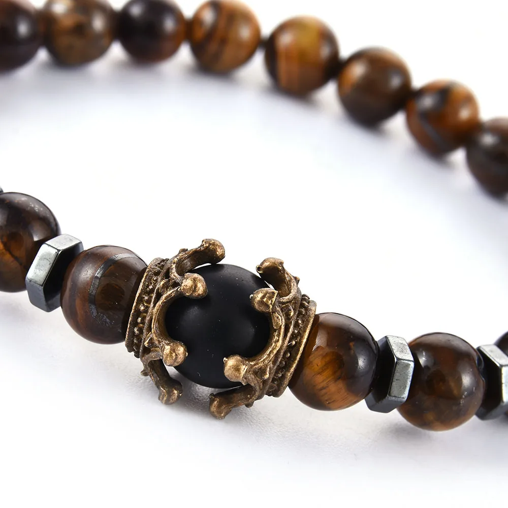 

Luxurious Natural Stone beads Crown Halloween gift African Roar Round Beads Men Yoga Bracelet Bangle Drop Shipping