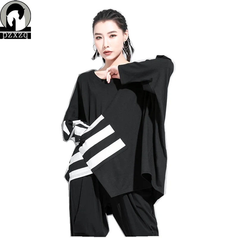 

Оригинальная в стиле «панк» необычного дизайна осень в черно-белую полоску; Свободные длинные с круглым вырезом, пуловер Одежда для женщин, ...