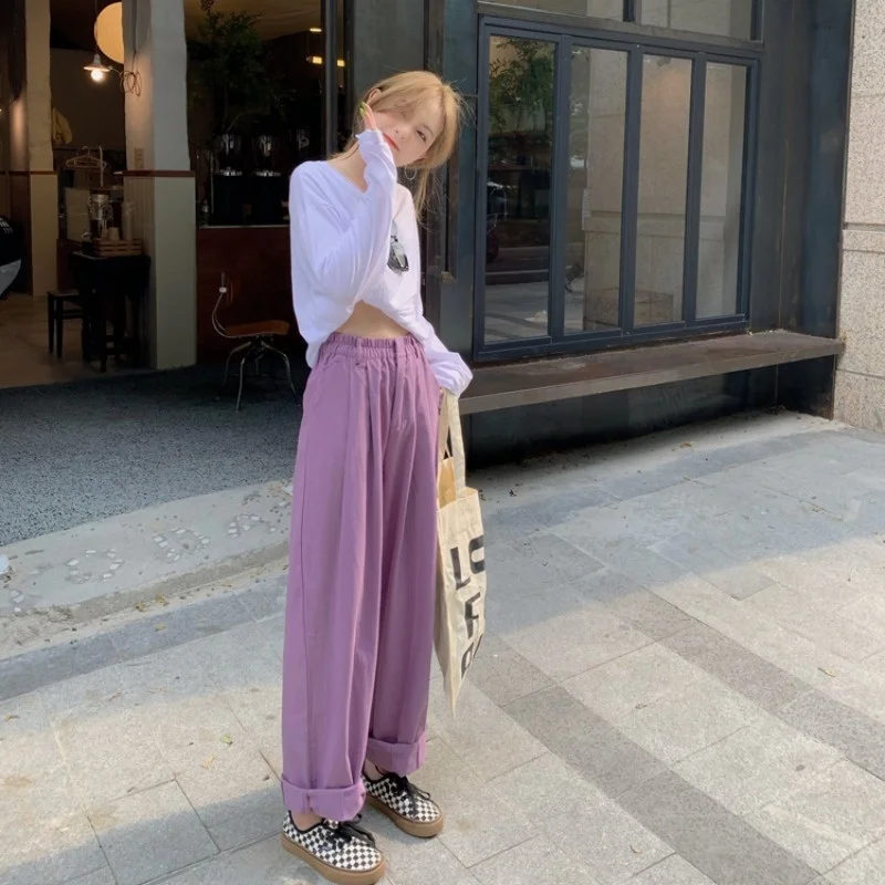 

Pants Women's Summer Korean Style High Waist Slimming Loose All-Matching Elastic Waistband Retro Hong Kong Style Chic Wide Leg