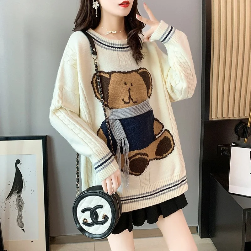 

Cute Bear Print Sweatshirt Loose Fall Winter Round Neck Harajuku Style Sweatshirt Fashion Qm*