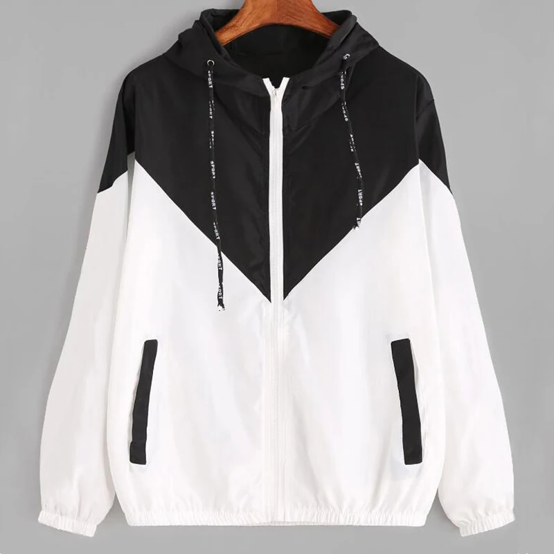

Women's Basic Hooded Jacket Patchwork Long Sleeve Clothing Multicolor Autumn Coat Female Casual Windbreaker