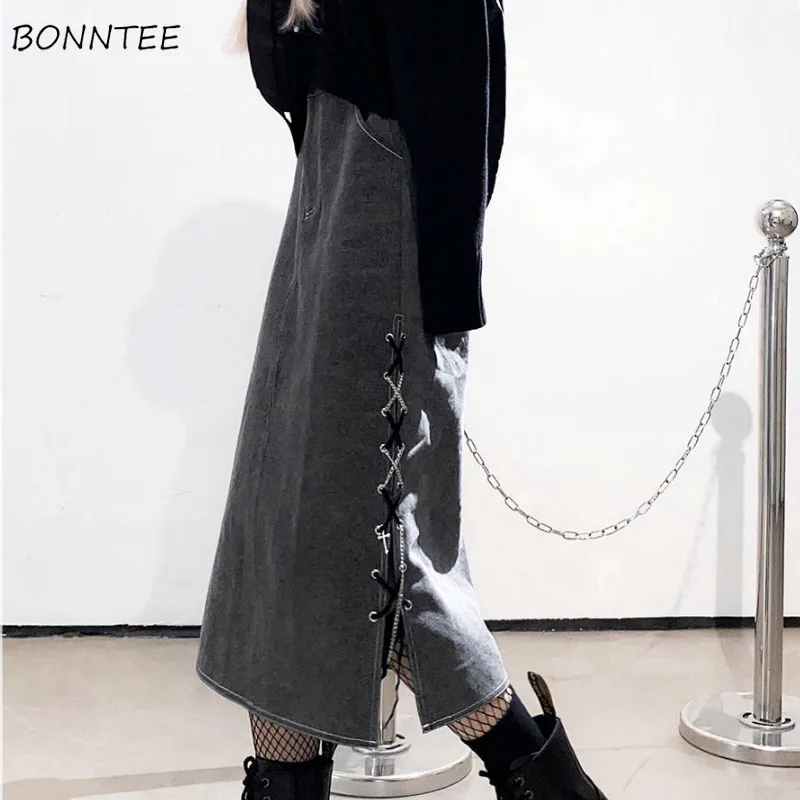 

Skirts Women Design Harajuku Empire Teenagers All-match Vintage Ladies Denim Stylish Gray Aesthetic Criss-cross Charm Boyfriend