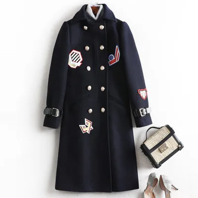 Navy blue Осенне-зимнее женское Шерстяное пальто Модные беджи с вышивкой двубортное длинное шерстяное пальто женское толстое теплое пальто плюс размер 5XL - Цвет: Navy blue