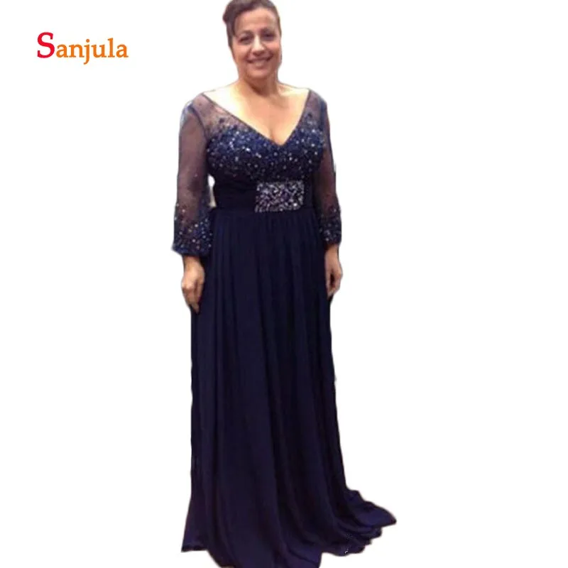 Глубокий v образный вырез темно синий Мать Длинные платья для невесты рукав бисер