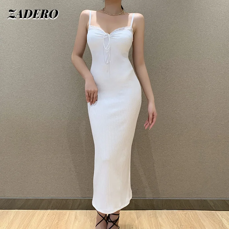 

Sexy Lace Stitching Strap Dress Women V Neck Halter Sling Midi Pleated A-line Dress Backless Sleeveless Elegant Party Clubwear