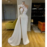 arabic dubai exquisite lace white prom dresses high neck one shoulder long sleeve formal evening gowns side split party dress