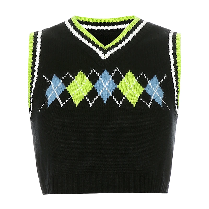 

Y2K Knitted Sweater Vest Vintage Argyle Casual Sleeveless Crop Top Cute Women Clothing Red Preppy Style Plaid Tees Streetwear