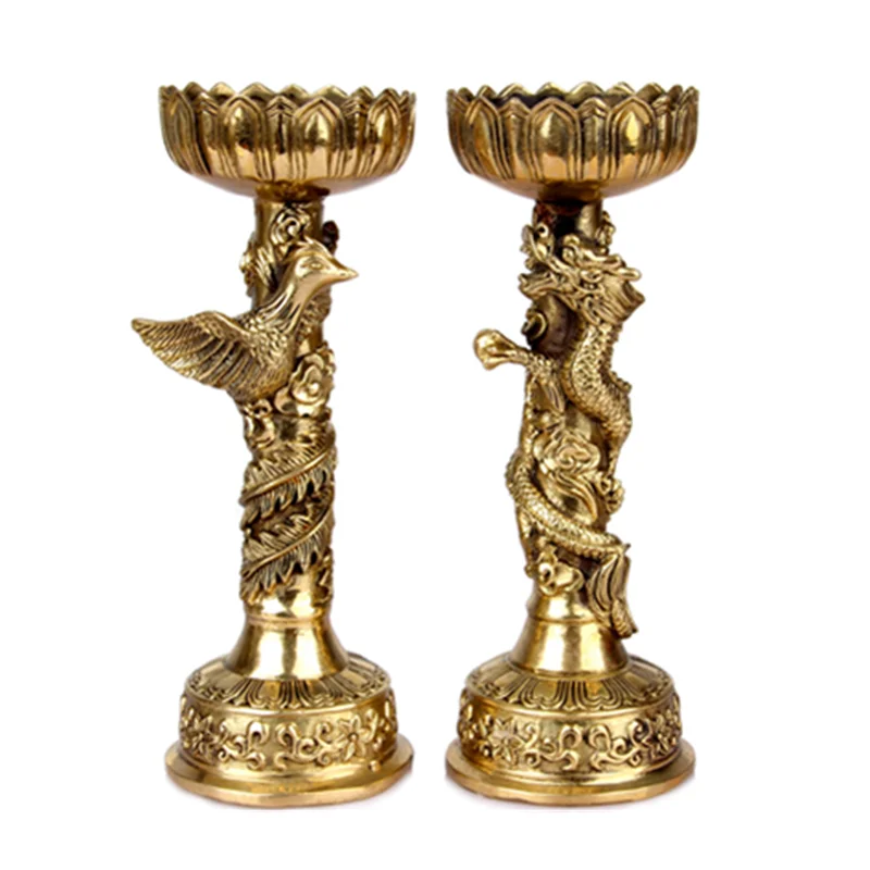 

Handmade Fine Figurines Dragon and Phoenix Bronze Candlestick Pair Statue Home Decor Living Room Decoration Sculpture D329