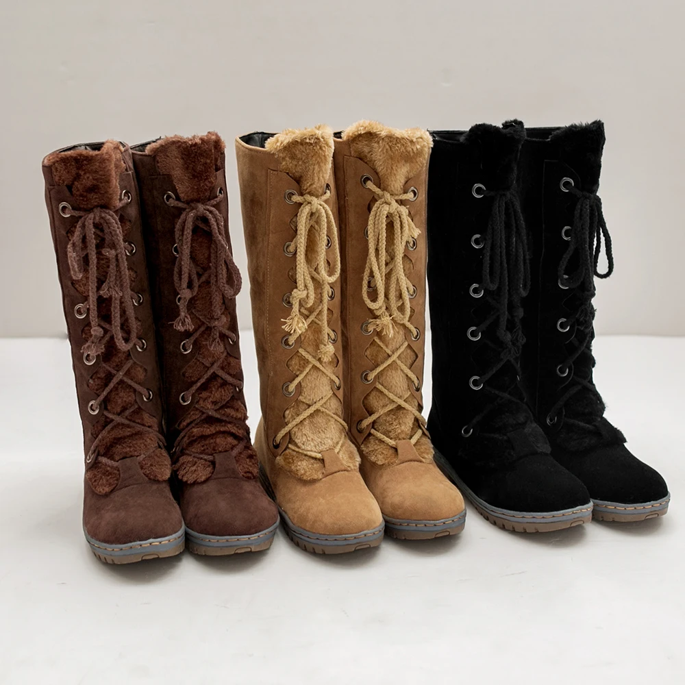 Женские сапоги до колена зимние из искусственной замши на плоской подошве