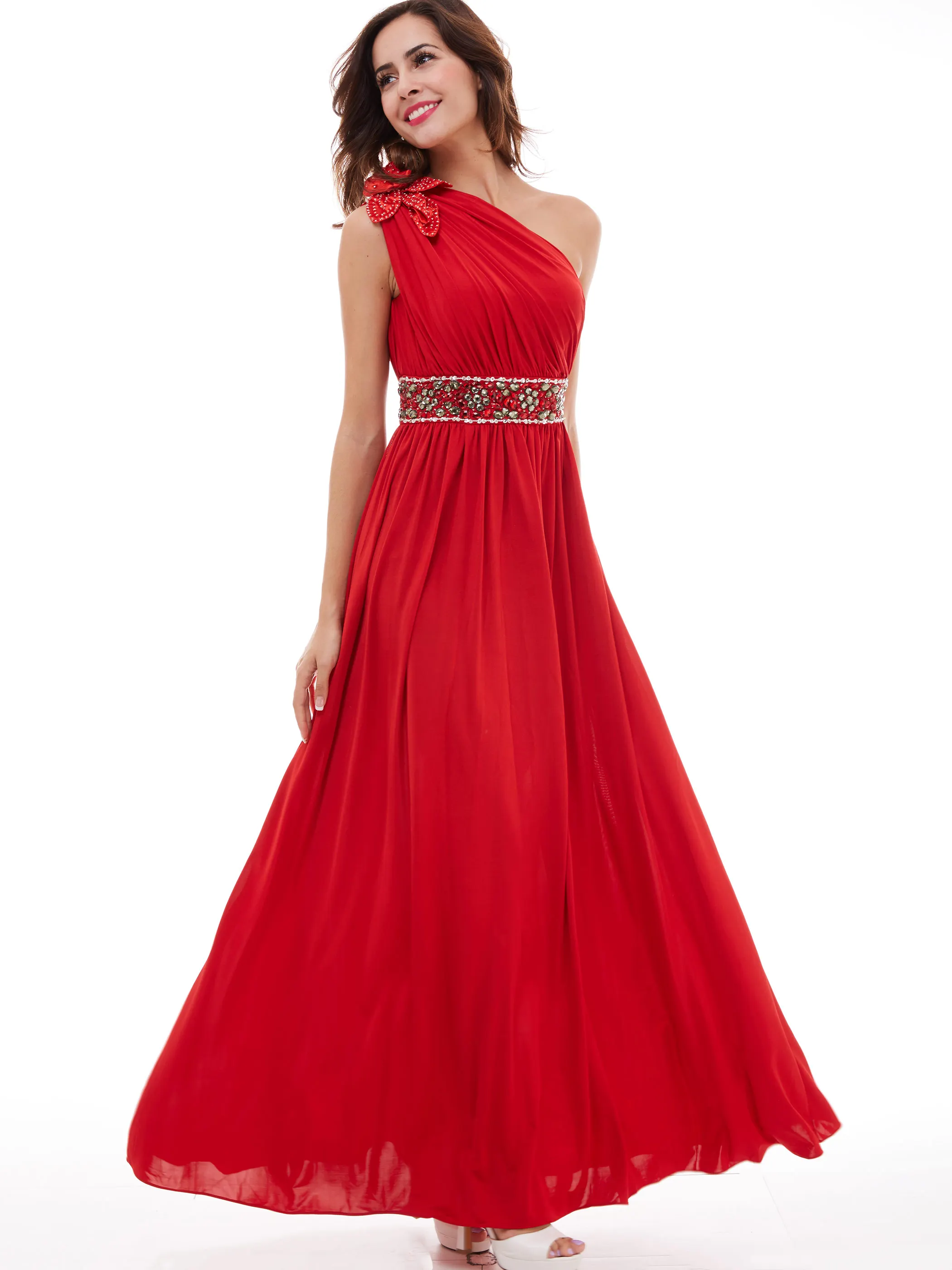 Женское вечернее платье на одно плечо Dressv красное ТРАПЕЦИЕВИДНОЕ без рукавов с