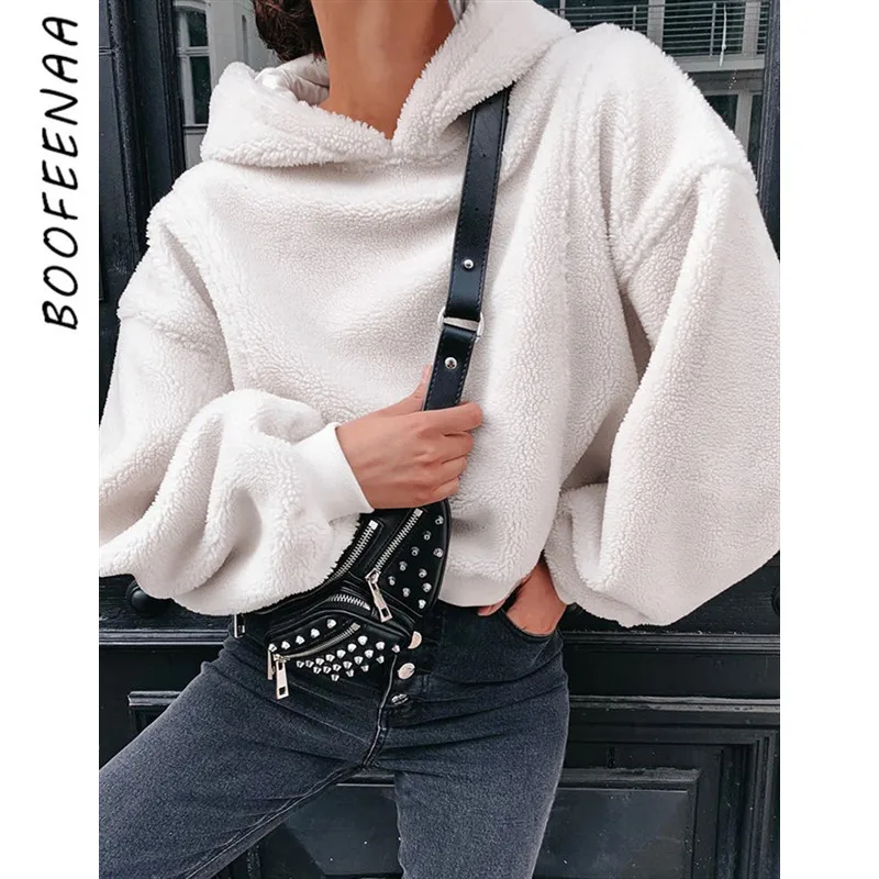 BOOFEENAA Зимний Белый флисовый пуловер с капюшоном женская одежда милая