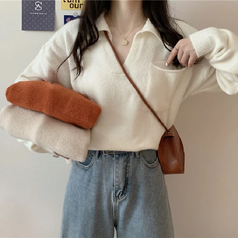 

Lapel Deep V Knitted Sweater Pullover Women's Autumn Winter 2021 Korean Fashion Loose Solid Color Long Sleeve Top Sweater