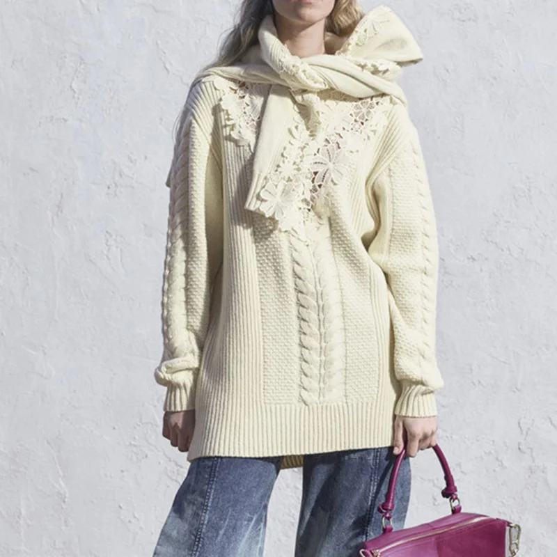 Кружевной Удлиненный свитер с принтом зима 2019 плотный теплый вязаный пуловер