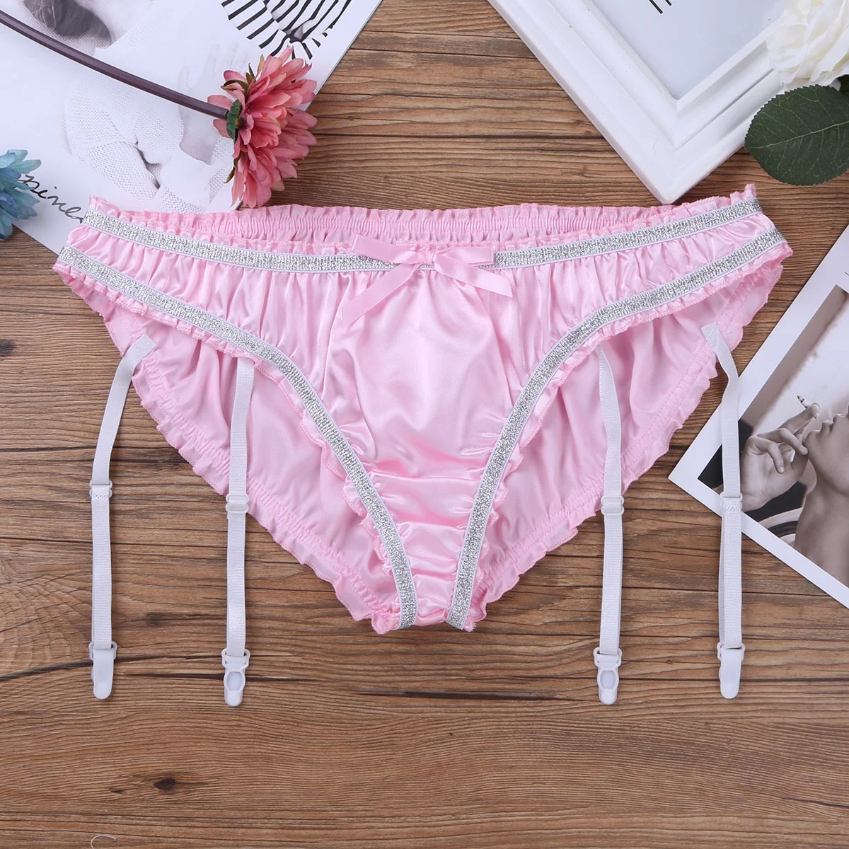 Мужские трусы атласные с нижнее бельё подвязками эластичные блестящие