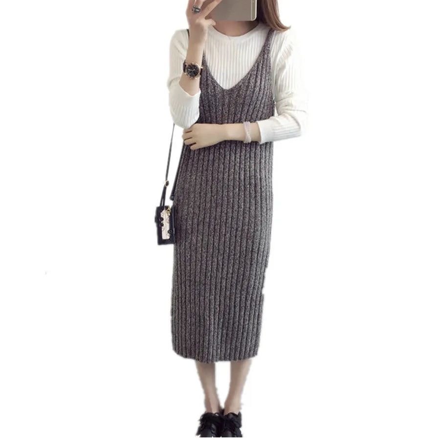 

Autumn Winter Fashion Spaghetti Strap Sweater Dress Casual Solid Slim Midi Dress V Neck Flexible Tank Knitted Dress Female