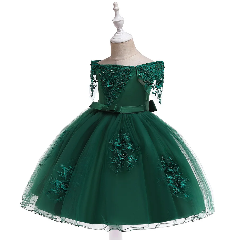 Children Beaded Puffed Evening Dress Girl Catwalk Party Wear Knee Length Blue Pink Grey Red Green Christmas Pageant | Детская одежда и